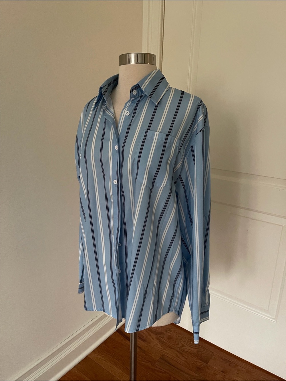 Balenciaga Light Blue & Navy Vertical Stripe Button-Down Shirt